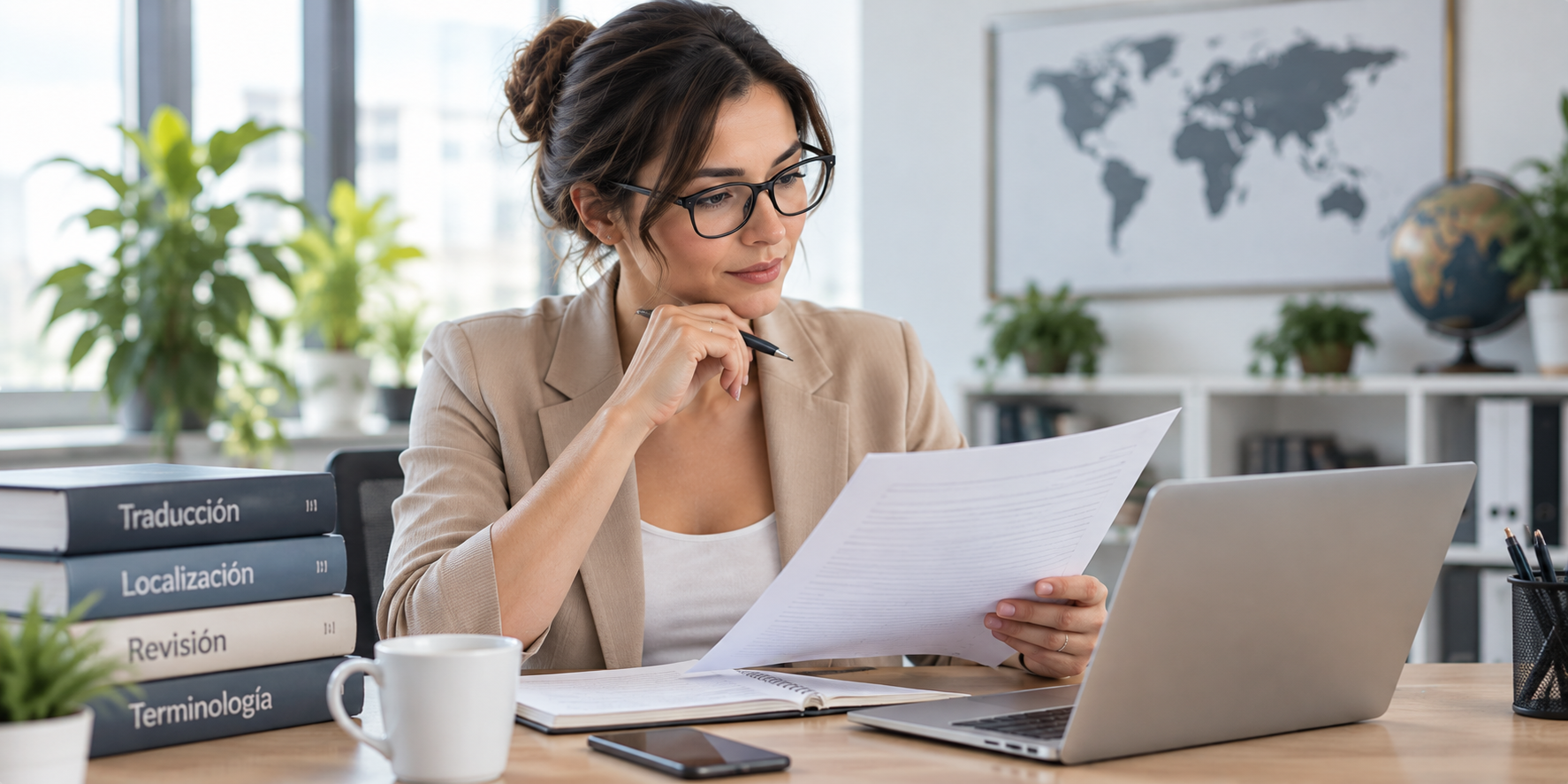 Profesional trabajando con presupuestos y traducciones para precio de traducción de inglés a español.