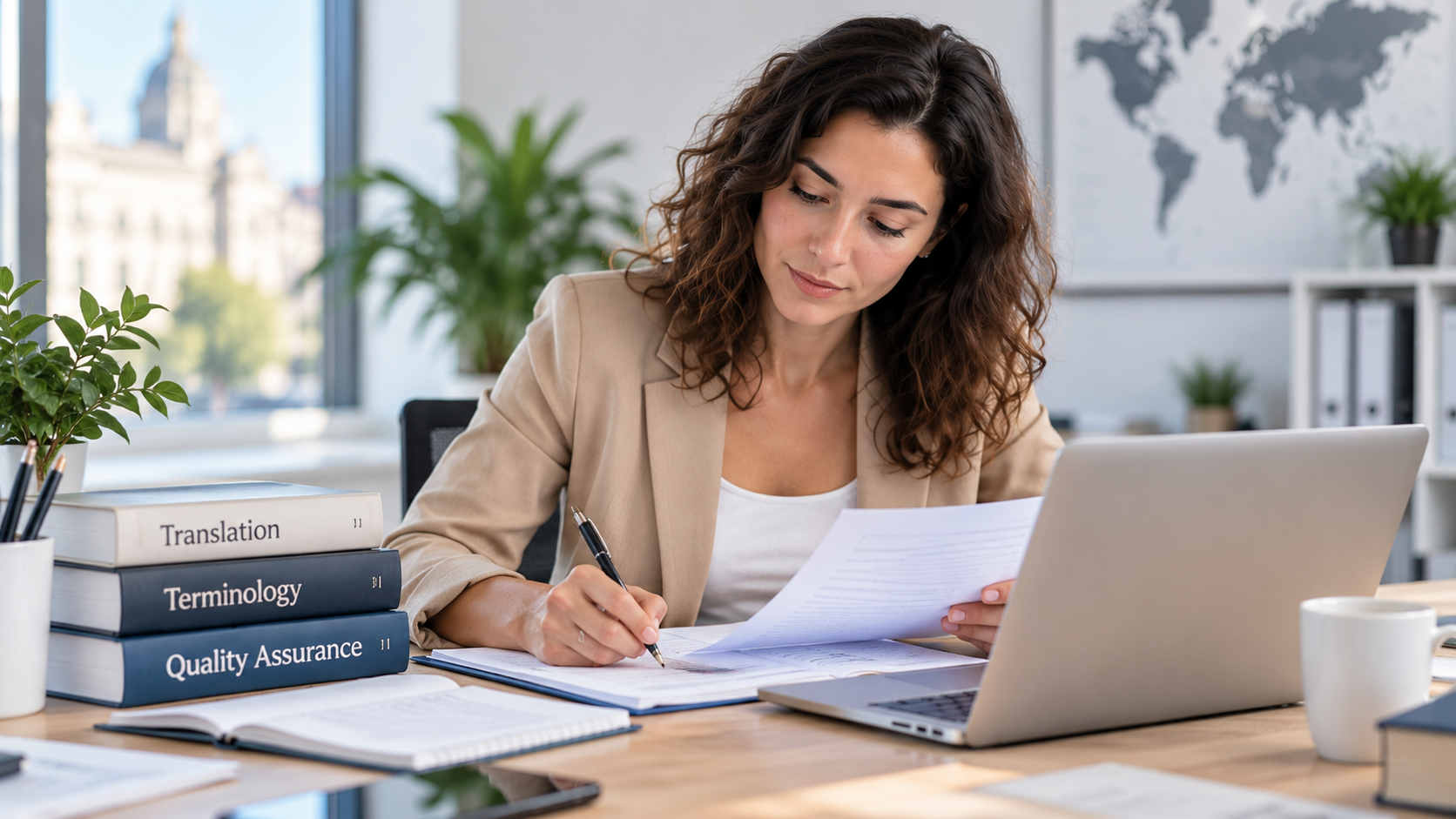 Profesional trabajando con presupuestos y traducciones para precio de traducción de italiano a español.